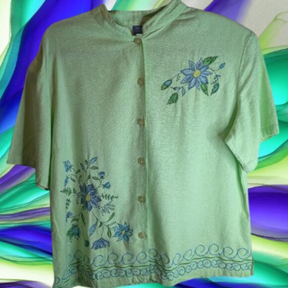 Mountain Lake Large short sleeve embroidery accents button down linen blend top. - Picture 1 of 1